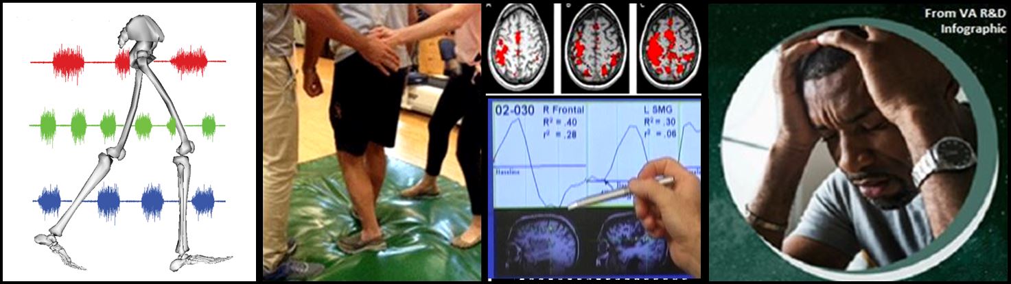 data schematics, persons undergoing neurorehab, and a stressed person